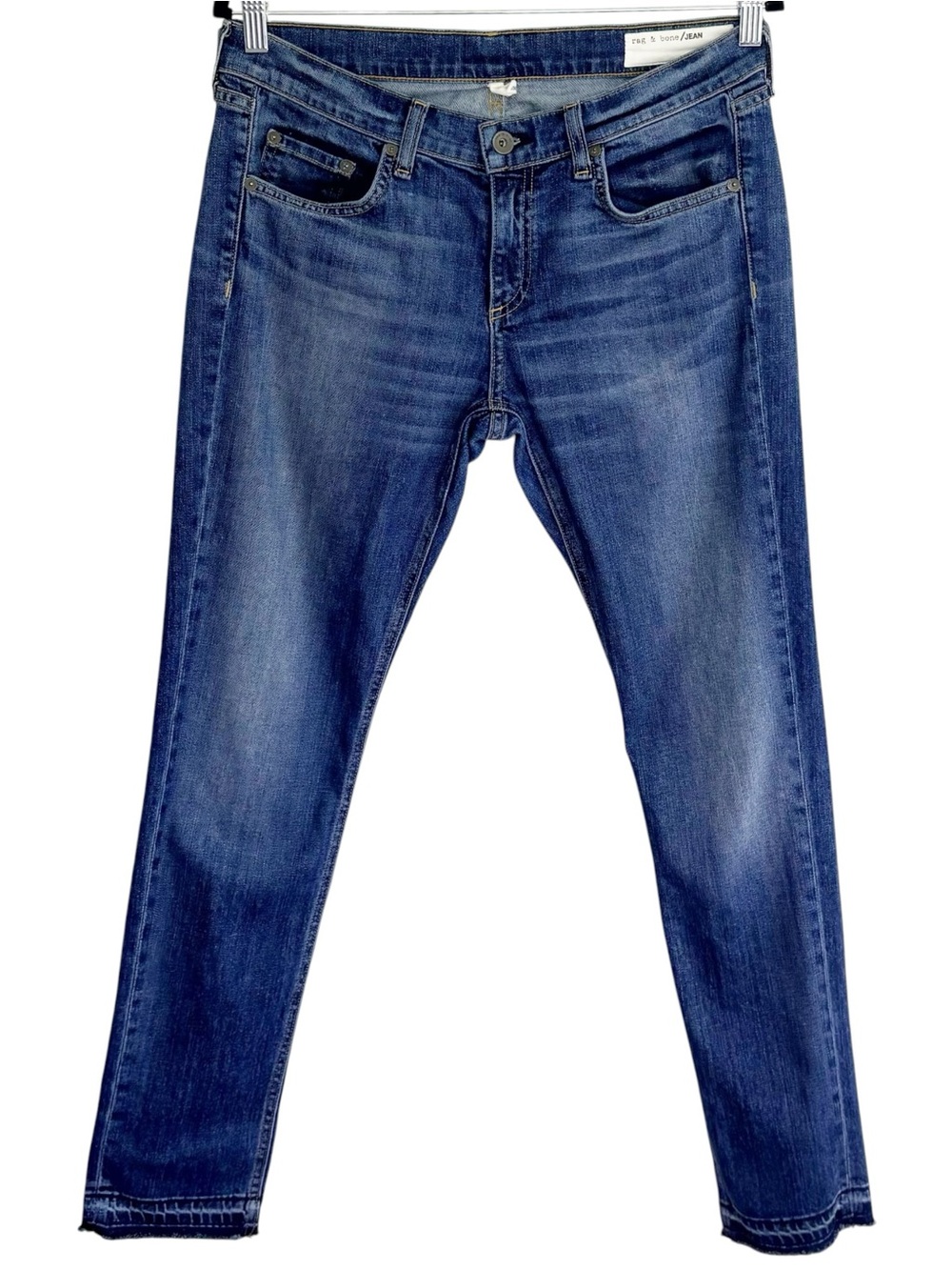RAG & BONE Dre Amelie Skinny Straight Jeans Mid Rise Raw Hem Blue Denim 28